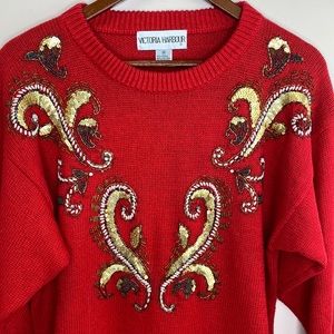 Vintage Red Sequin Beaded  Long Pullover Knit Sweater SZ M 90’s Y2K Retro
